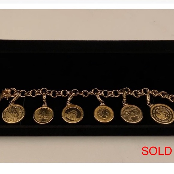 Jewelry - Solid 14 Kt Gold Charm Bracelet With Six Genuine .999 Pure Gold Coins